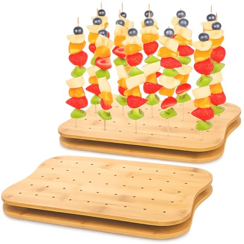 Acshio 2 Pack Bamboo Skewer Holder, 90 Holes Fruit Kabobs Cocktail Pick Stand, Appetizer Food Display Serving Curved Board for Party, Buffet, Catering Event