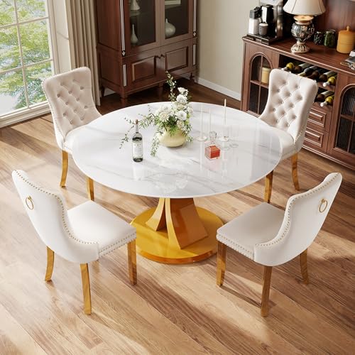 Image of 5-Piece Dining Table Set with 47In Faux Marble Table and 4 Velvet Upholstered Chairs, Modern Scandinavian Furniture for Dining Room Kitchen(Beige&Gold)