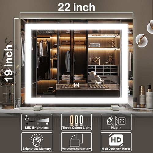 FENNIO Vanity Mirror with Lights,20"x23" Lighted Makeup Mirror, Large Makeup Mirror with Lights, Touch Sensor with Dimmable 3 Modes, Square White