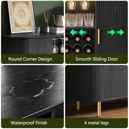Image of DHH 55 inch Wine Bar Cabinet with Storage, Fluted Liquor & Coffee Bar Cabinet with Wine Rack and Glass Holder, Buffet Sideboard with LED Lights for Home Kitchen Living Dining Room(Black)