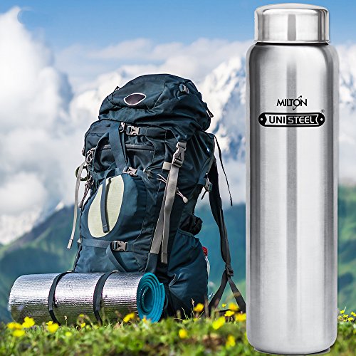 Image of Milton Thermosteel Duo Deluxe-1000 Bottle Style Vacuum Flask, 1 Litre, Silver + Aqua Single Walled Stainless Steel Fridge Water Bottle, 930ml, Silver Combo
