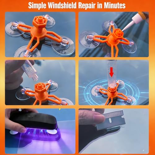 Image of Windshield Repair Kit, Windshield Crack Repair Kit with Suction Cup Curing Light, 2 Pcs Car Glass Repair Kit Quick Fix for Chips & Cracks, Windshield Chip Repair Kit, Automotive Nano Fluid(Orange)
