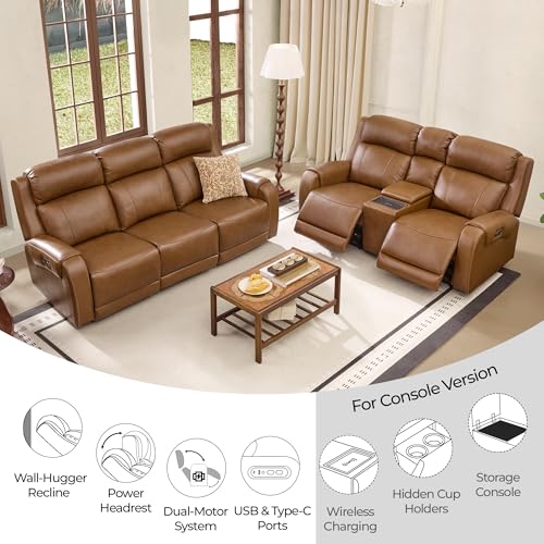 Image of CHITA Genuine Leather Power Recliner Sofa, Loveseat with Console, Saddle