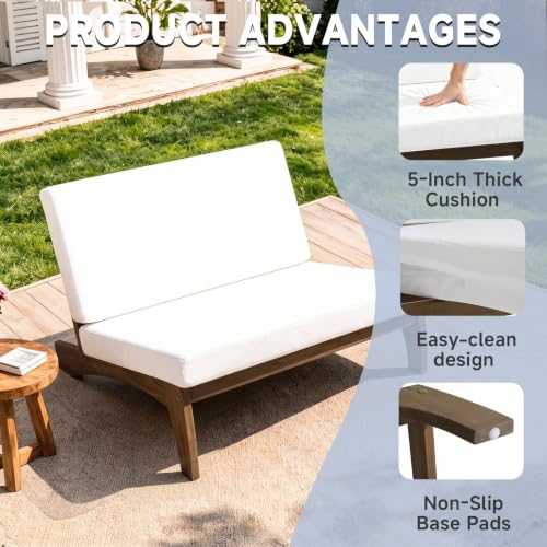 Image of Pia Ricoo Outdoor Loveseat Patio Furniture Sofa, Teak Wood Outdoor Furniture for Balcony, Deck, Poolside, Porch - Beige