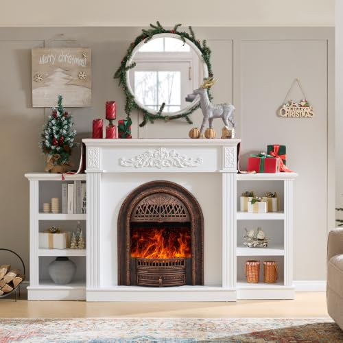 Image of 78 inch Electric Fireplace with Mantel, Electric Fireplace TV Stand White