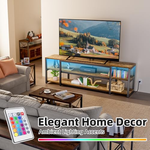 Image of Aquzee 85 inch TV Stand with LED Lights & Power Outlet, Entertainment Center for 70-75-80-85Inch TV, 75.2 inch Wide Wood Television Console Table for Living Room Bedroom Gaming Room, Brown