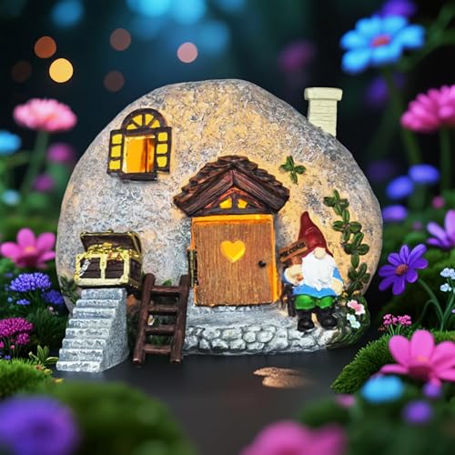 QCF Fairy Garden Accessories Gnome House 4 Pcs Kit, Solar Statues with Openable Door for Yard Lawn...
