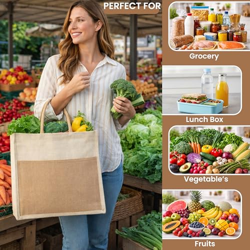 Image of Match Made Eco Friendly Jute Jhola Bag For Kitchen Essential Grocery Shopping, Carry Milk, Fruits, Vegetable With Reinforced Handles & Zipper