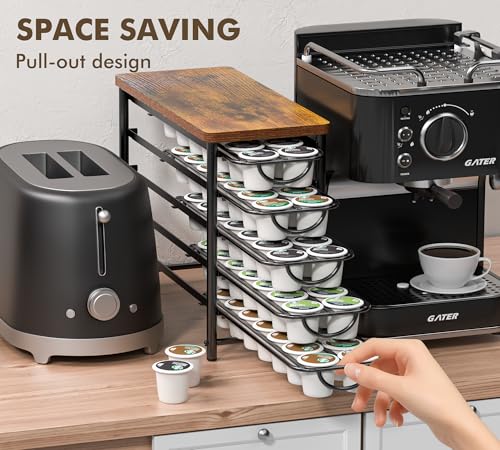 Image of HFHOME Coffee Pod Holder with Wooden Top, Compatible with K-Cups, 5-Tier Coffee Capsule Storage Drawer, 70 Capacity Pods Organizer with 3 Mug Holders, for Home, Office, Kitchen Counter, Black