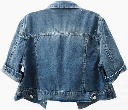 LifeShe Women's Pearls Denim Jacket 3/4 Sleeve Cropped Rhinestones Jean Jackets Trucker Coat2