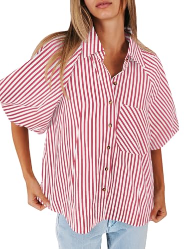 Image of Tankaneo Womens Short Puff Sleeve Button Down Shirts Striped Trendy Casual Loose Fit Blouse V Neck Collared Tops