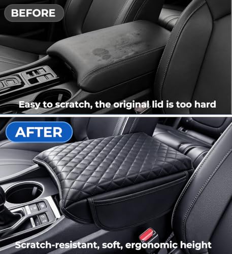 Image of Center Console Cover for Honda Pilot 2023-2026 & Passport /Ridgeline 2024-2026, 1.2-Inch Thick PU Leather Middle Armrest Cushion Protector Pad with 2 Side Pockets, Black