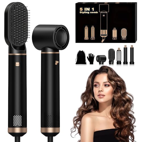 Focenat Spazzola Asciugacapelli 5 in 1, Air Styler, Ferro Arricciacapelli Ioni Negativi, Piastra con 5 Accessori, Spazzola Ad Aria Calda per Capelli per Asciugatura Raddrizzamento Stampaggio Volume