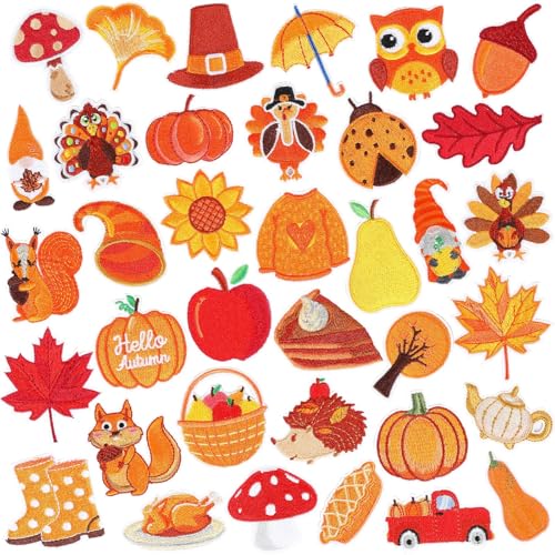 36pcs Fall Autumn Iron on Patches Thanksgiving Day Embroidered Sew