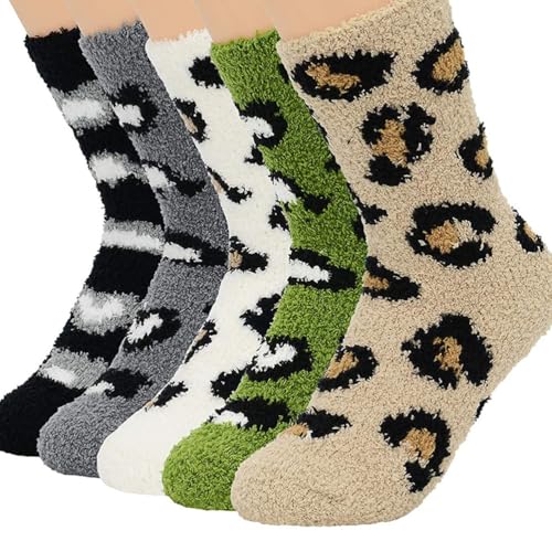 VALICLUD Calcetines peludos de invierno con estampado de leopardo, calcetines cálidos de forro polar coral, 5 pares, color aleatorio, Color aleatorio., 36X9CM