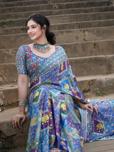 Image of Sidhidata Women's Chinon Ajrakh Printed Mirror Patch Work Saree With Unstitched Blouse Piece (Rangrezz Blue Blue Free Size)