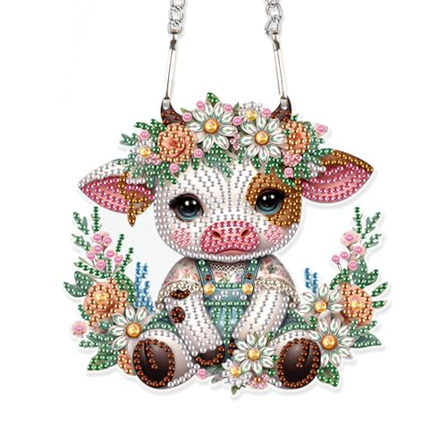Image of AiYuanzsh Cow Calf Diamond Painting Hanging Kit, 5D DIY Acrylic Special Shaped Diamond Art Pendant Ornament for Wall, Door, or Garden Decor, Cute Farm Animal Diamond Art Kit for Adults