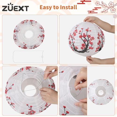 Image of 6 Pcs White Paper Lanterns Decorative 10x12 Inch, ZUEXT Cherry Blossom Hanging Round Chinese /Japanese Lantern for Festival Theme Birthday Party Wedding Home Yard Japanese Eateries Decor Oriental Style