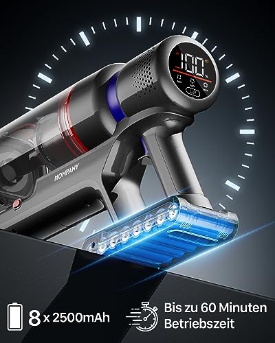 40000Pa Staubsauger Kabellos, Akku Staubsauger Bis zu 60 Min Laufzeit, 500W Staubsauger mit Touchscreen und Anti-Tangle-Bürste, 1.5L Stielstaubsauger für Hartböden/Teppich/Tierhaare/Auto/Zuhause