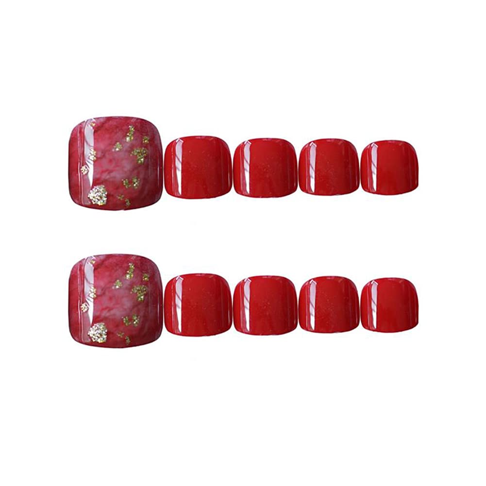 24Pcs Wine Red False Toenails with Glue for Women Fake Toenails Pedicure Art Fake Feet Nails Full Cover