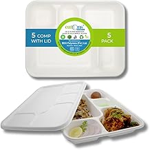 EATONS 5-Compartment Bagasse Disposable Plates with Lid (5 Pack) | Compostable Bagasse Plates | Eco-Friendly Biodegradable Use and Through Dinner Plates | Party, Wedding, Event Plates, Beige