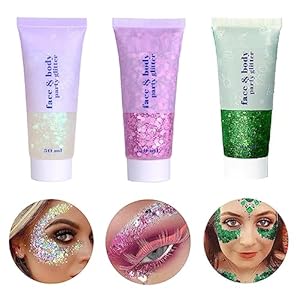 3 Colors Face and Body Glitter Gel,Holographic Cosmetic Laser Powder Festival Glitter Makeup,Sequins Shimmer Liquid Eyeshadow,Singer Concerts Music Festival Rave Accessories-150ML (White+Pink+Green)