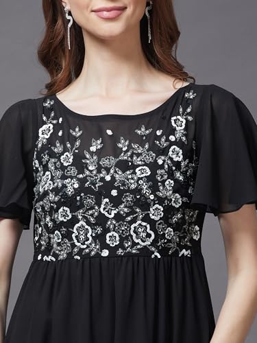 Image of Miss Chase Women's Round Neck Sleeve Embellished Fit Flare Maxi Dress