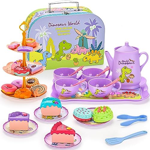 Home 69 LOYUEGIYO Dinosaur Tea Party Set Toys for Girls Boys Toddler,Children Kitchen Pretend Role Play Food Toy,Educational Learning Kid Girl Toys Gifts for 3 4 5 6 7 Year Old,Teapot&Teacups&Dishes&Desserts