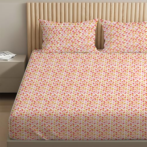 Image of Livspace Cotton Queen Size Bedsheet for Double Bed | 100 inch x 88 inch | 144 TC Flat Cotton Bedsheet with 2 Pillow Covers, Soft & Breathable - Bello Pure Nest Collection (Yellow Pink)