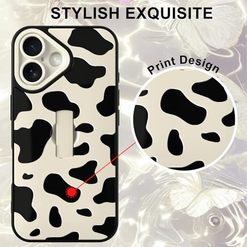 Image of for iPhone 16 Case with Finger Strap Holder, Cute Cool Cow Print Pattern Design for Women Men, Shockproof Anti Scratch Hand Kickstand Protective Cover, White