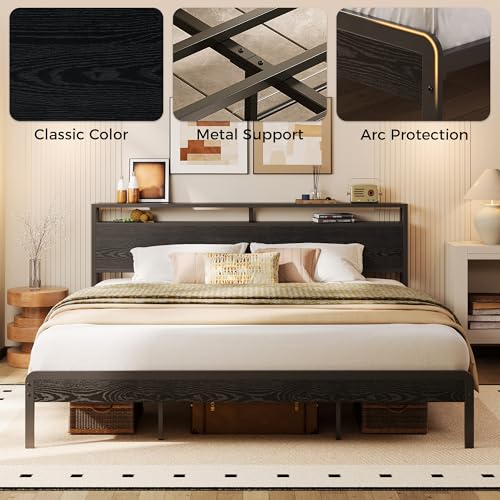 Image of LIKIMIO California King Bed Frame with Headboard, Dark Wood Camas California King with Strong Supports, Sturdy, Noise-Free, No Box Spring Needed, Black