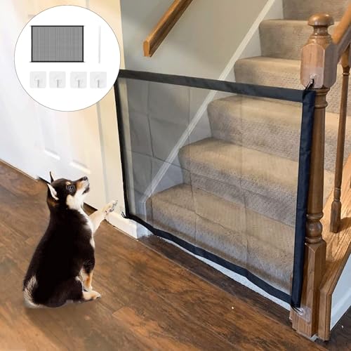 Treppenschutzgitter Ausziehbar,Türschutzgitter Ohne Bohren,Türschutzgitter Hund mit 4 Klebehaken,Treppenschutzrollo,Türgitter Hundegitter und Katze,Hundetürgitter für Haustiere,Babys (110 x 72 cm)