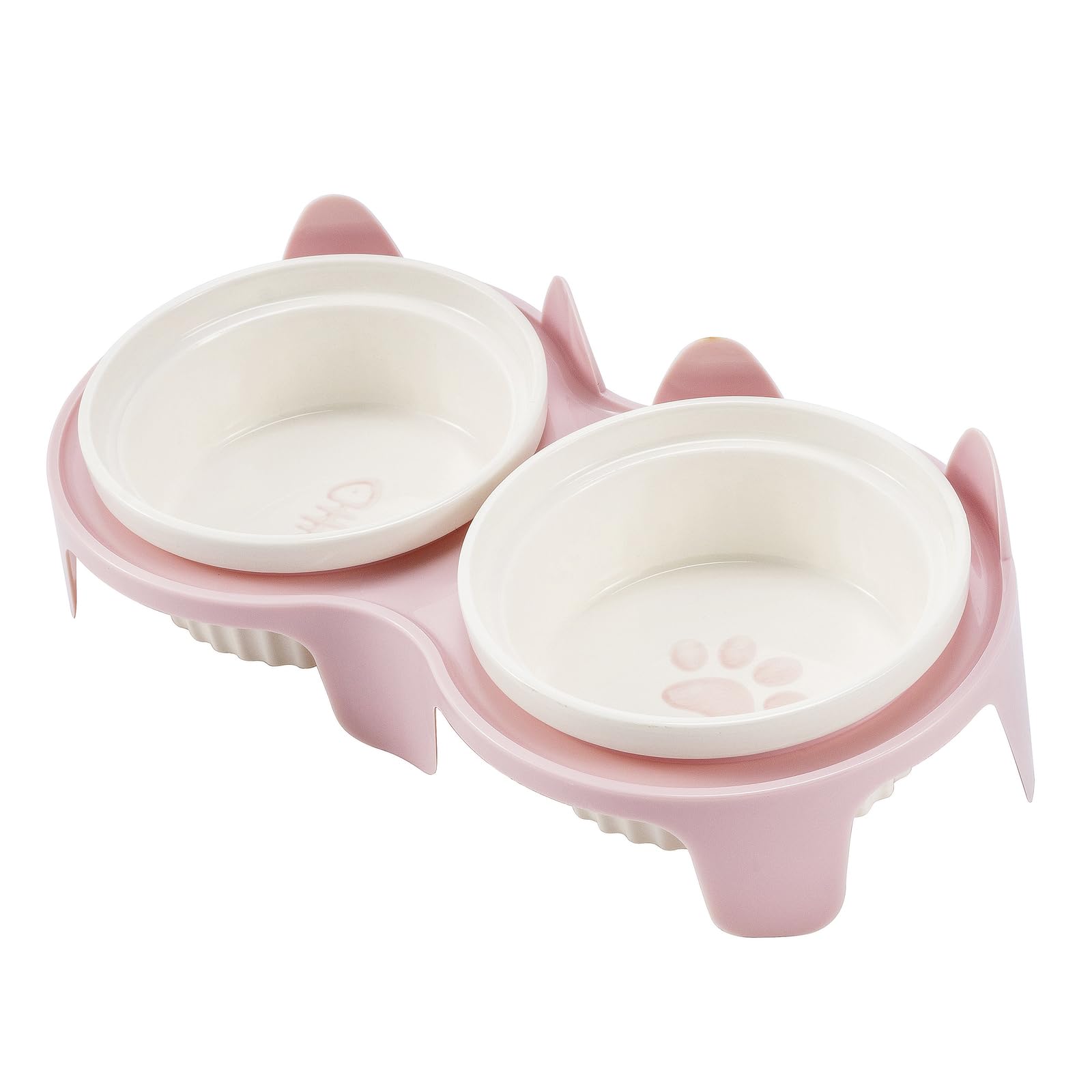Ceramic cat bowls set with stand, 2-piece set, cat shaped pet food container dish (Pink)