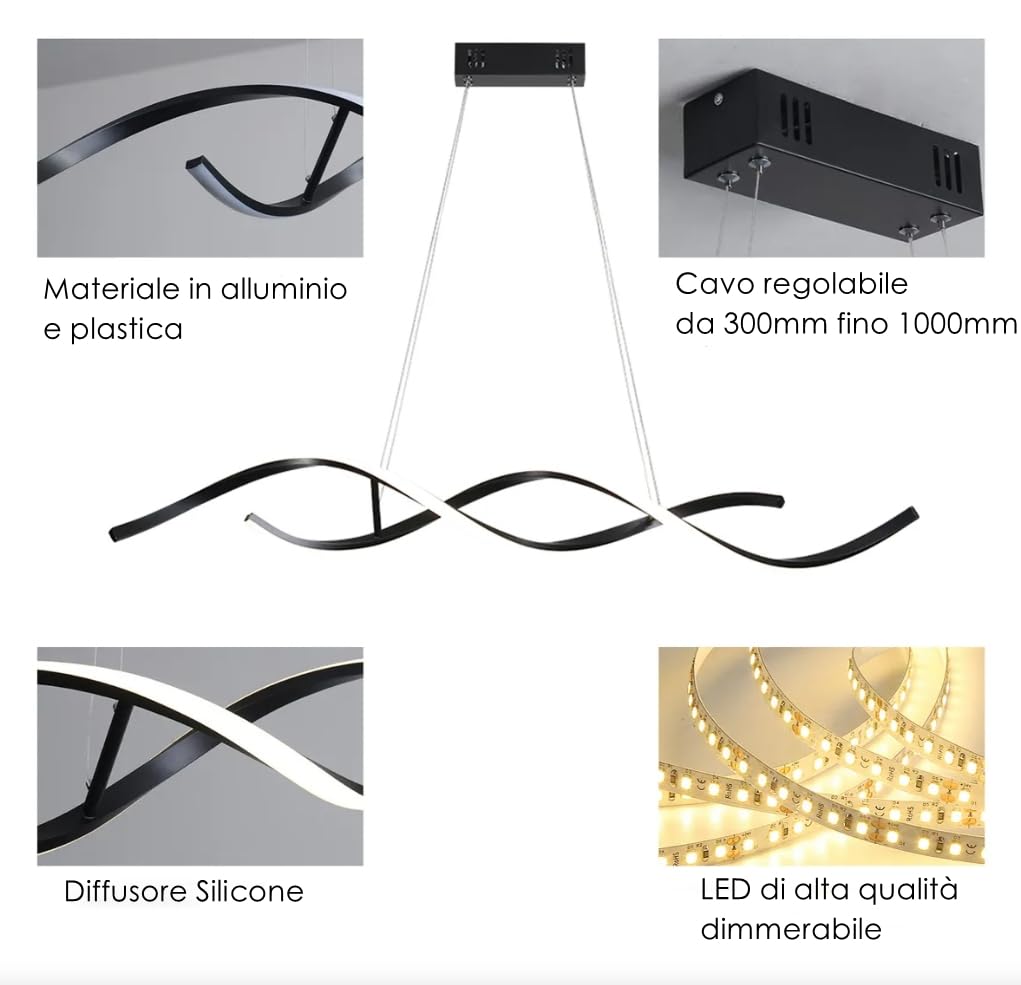 Dopastore Lampadario a Sospensione LED Design Spirale Bianco Nero Lampada Moderna 3 Tonalità di Luce Dimmerabile per Interno IP20 (Nero)