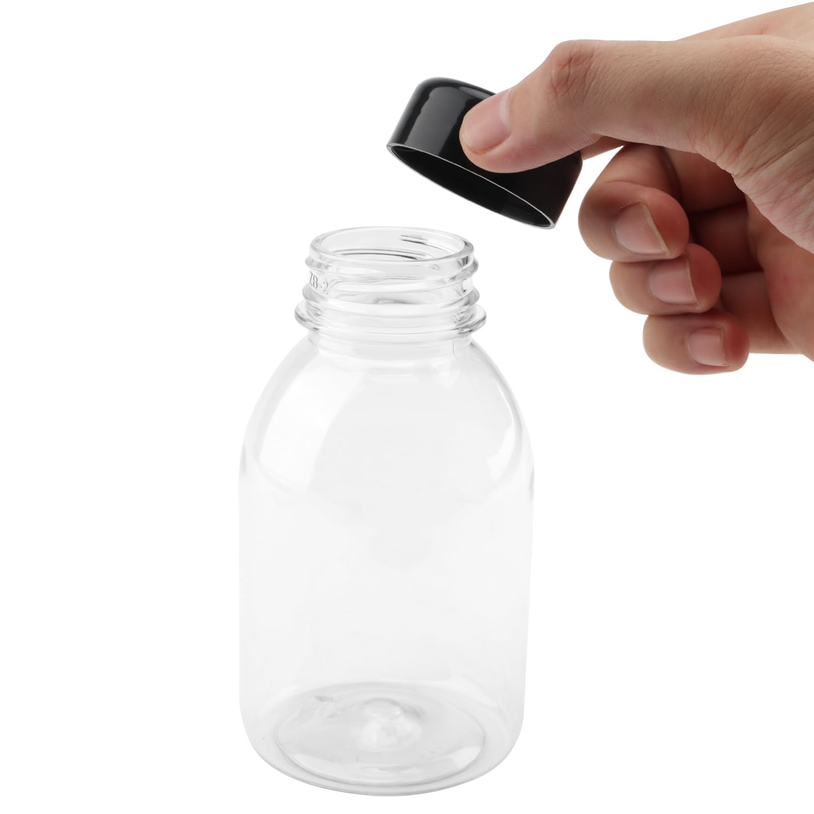 Lot de 30 récipients transparents réutilisables de 250 ml pour jus et autres boissons, 6,5 x 11,5 cm, bouteille de jus en plastique 250ml avec couvercles noirs, bouteilles plastiques vides