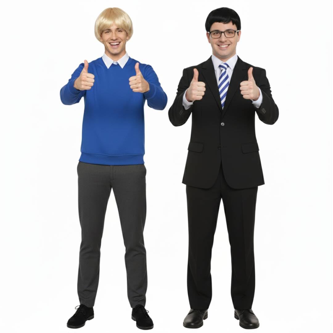 Will & Jay Costume Duo Outfit – Blue School Jumper & Black Suit with 2x School Ties, Geek Glasses & Blonde Wig – Funny TV Show Halloween Fancy Dress for Adults (M Will XL Jay)