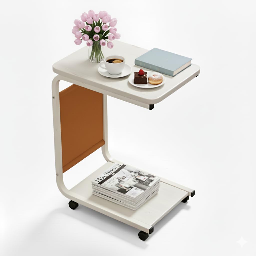 C S - Mesa auxiliar con ruedas, mesa de centro de madera con estantes dobles, mesa de sofá estable para sala de estar, colores: negro nogal blanco, diseño moderno natural
