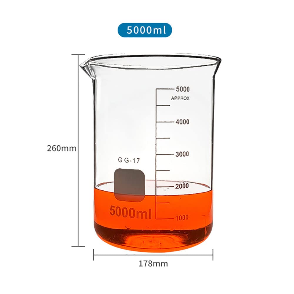 Vasos de precipitados de Vidrio de 5000 ml, de Forma Baja, de borosilicato Transparente, para Laboratorio, medidores graduados con Pico, Reutilizables, para Laboratorio, Escuela y hogar, 2 Unidades.