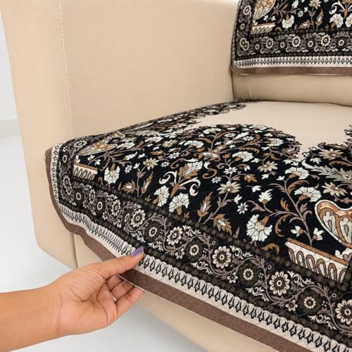 Image of Homerz Premium 'Maharaja Paradise Series' Sofa Cover | Net Fabric Sofa Cover | Washable, Anti-Dust Backed & Wrinkle Resistant Cover (Beige Empress, 1 Seater, Seat Cover with Backrest)