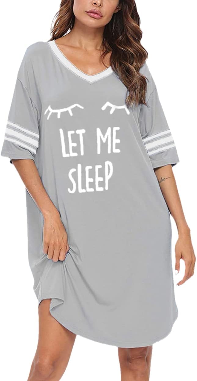 KAMONG Sleep Shirts for Women Short Sleeve Cotton Novelty Night Shirts V Neck Oversized Nightgowns Cute Printed Nightdress - Image 2