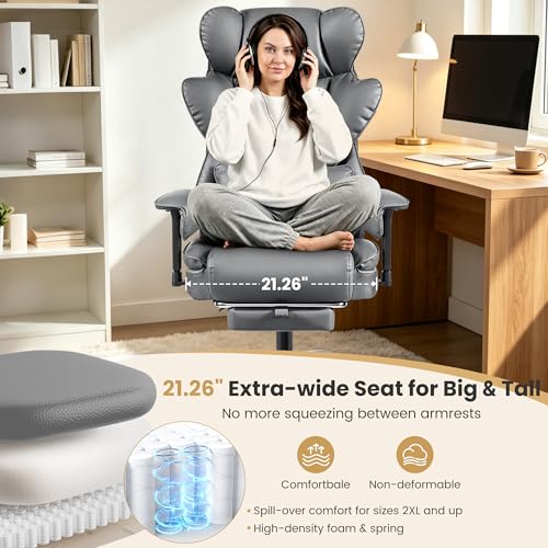 Image of Big & Tall Office Chair 400 LBS with Lumbar Support & Footrest | Heavy Duty Ergonomic Executive Computer Chair with Adjustable Arms and Wide Seat, PU Leather High Back for Heavy People, Gray