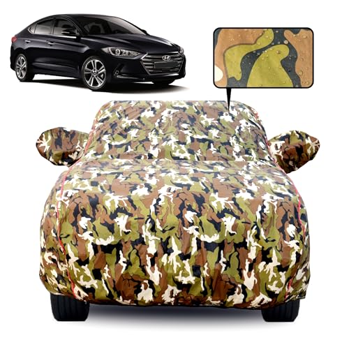 Image of Waterproof Car Body Cover for Hyundai Sonata with Mirror Pocket, Soft Cotton Lining, Triple Stitched, Full Bottom Elastic (Heat Resistant Jungle Print with Red Piping)
