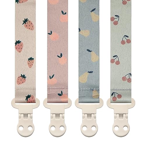 Image of Stadela Baby Pacifier Clip Holder - Girl or Boy Unisex 4 Pack Gift Set – Summer Peaches Strawberies Cherries Pears (Fruits)