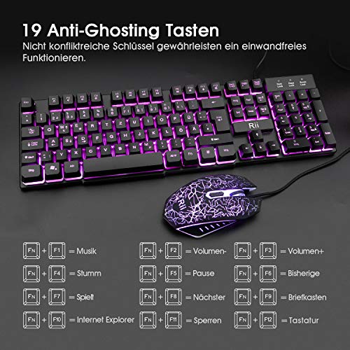 Rii Gaming Tastatur und Maus Set, 3 LED Hintergrundbeleuchtung, ideal für Gaming und Büro, Kompatibel mit PC (DE-Layout, Schwarz) 3