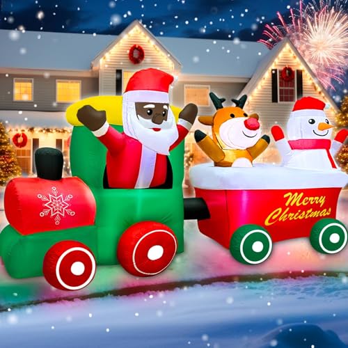 7 FT Long Christmas Inflatables Train Outdoor Decoration, Christmas Blow Up Yard Decor with Black Santa Claus Driving Snowman & Elf Built-in LED Lights for Xmas Party Holiday Outdoor Garden Lawn Decor