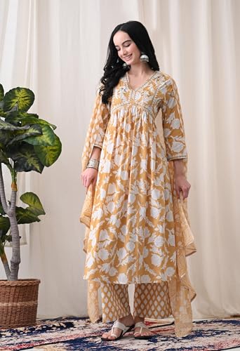 Image of MEERA FAB Alia Cut Kurta Palazzo and Dupatta Set,Pure Cotton, with Embroidery, Block Print