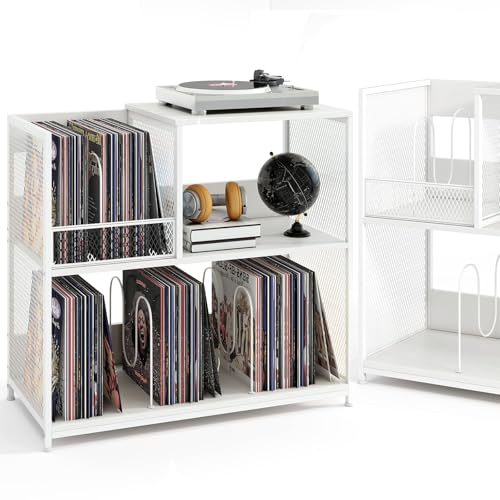 KOMFOTTEU Soporte para Tocadiscos de 3 Niveles, Mesa Auxiliar para hasta 300 Álbumes, Mueble para Tocadiscos con 3 Divisores Extraíbles, Marco de Metal, para Salón, Dormitorio (Blanco)