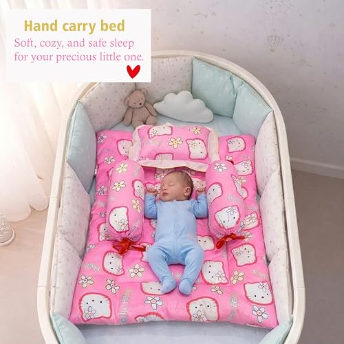 Image of Fareto Combo Of Baby Cotton Mattress With Net | Sleeping Bag | 4 Pcs Bedding Set(0-6 Months, Pink, Size)
