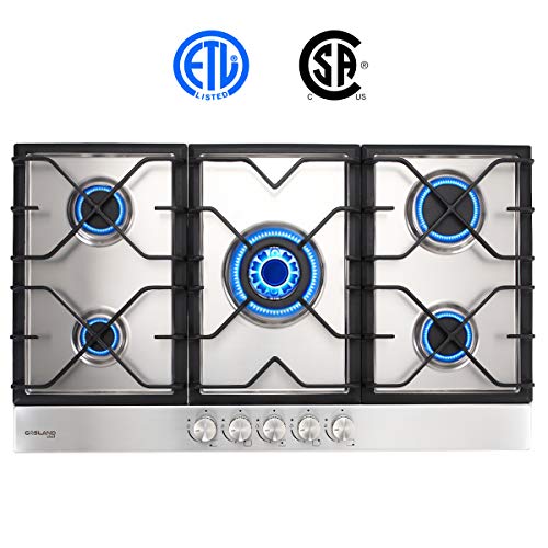 Built-in Gas Cooktop, GASLAND Chef GH90SF 5 Burner Gas Hob, 34 Inch NG/LPG Convertible Natural Gas Propane Cooktops, High Power Gas Stovetop with Thermocouple Protection, Stainless Steel