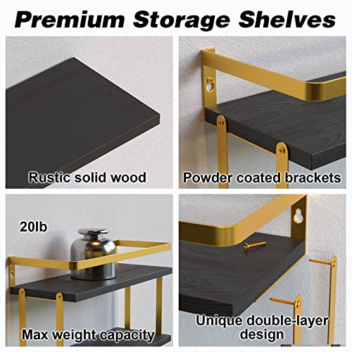 Richer House 2+1 Tier Wall Mounted Floating Shelves Set Of 2, Rustic Wood Wall Shelf With Metal Frame, Extra Storage Rack For Bathroom, Kitchen, Bedroom With Tissue Rack & Towel Bar - Gold Black #TOP2